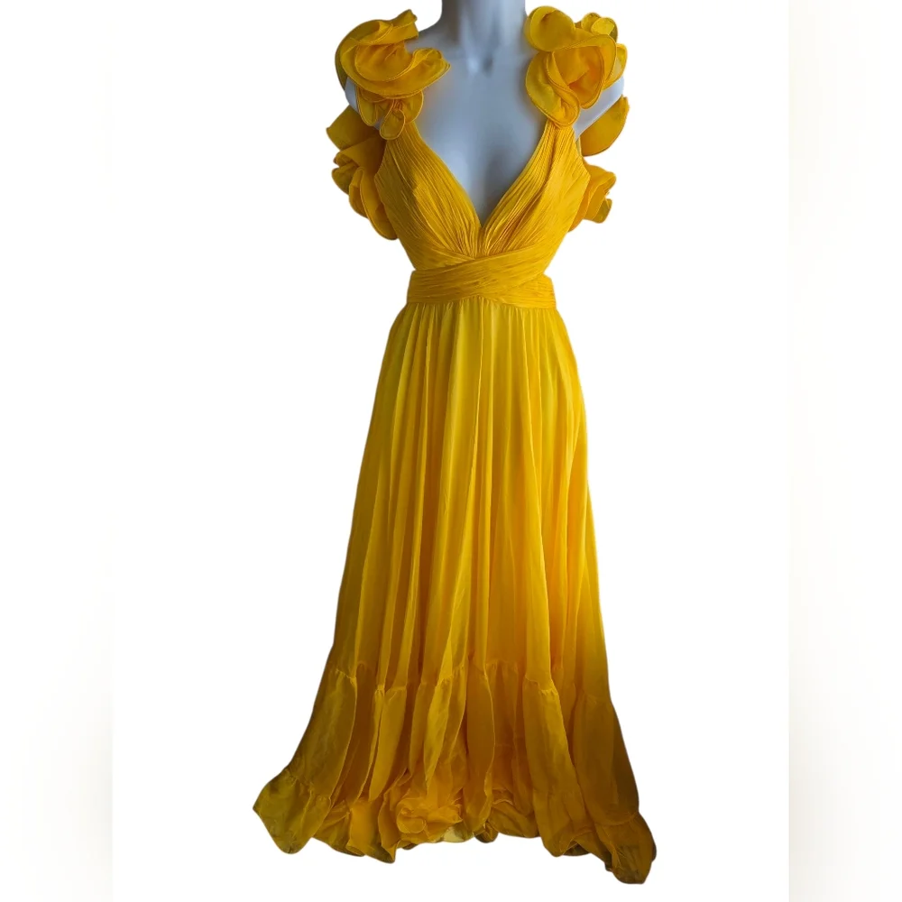 NWOT $598 Mac Duggal Ruffle Tiered Cutout Chiffon Gown Sunshine Yellow Size 2 - Picture 1 of 9